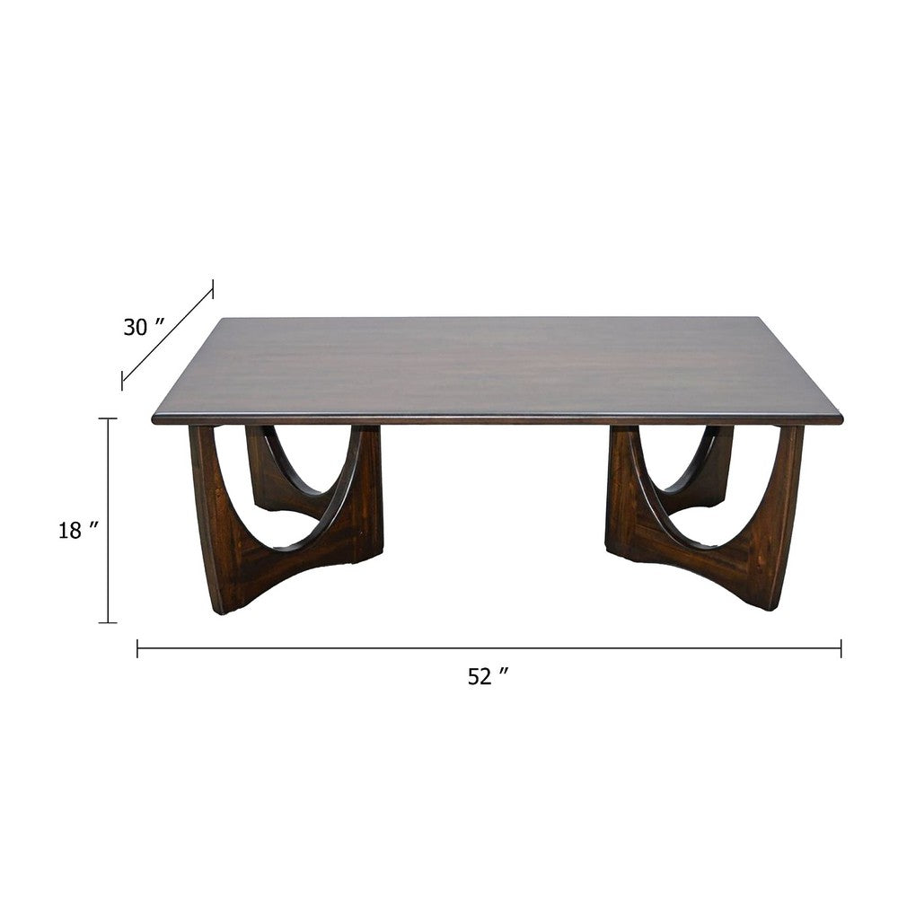 Benjara Natra Coffee Table, 52 Inch Rectangular, Sculpted Solid Wood Dark Brown