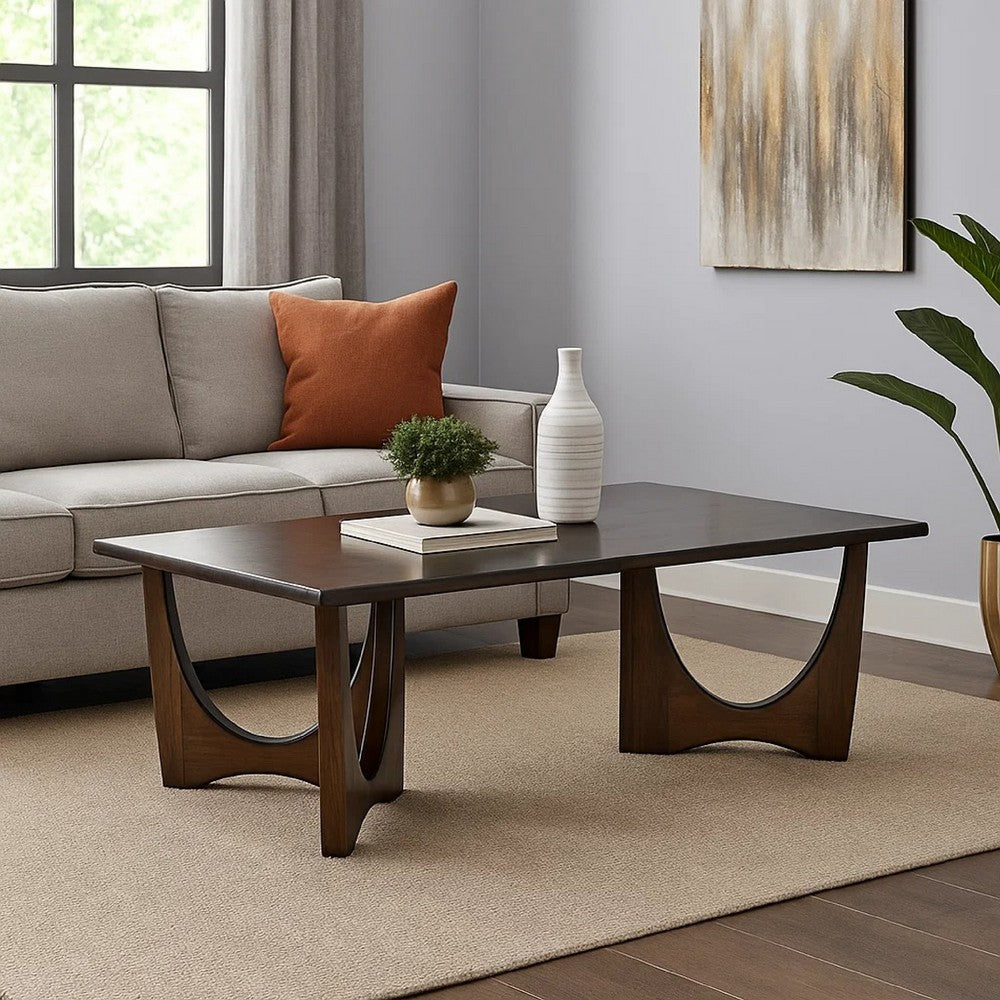 Benjara Natra Coffee Table, 52 Inch Rectangular, Sculpted Solid Wood Dark Brown