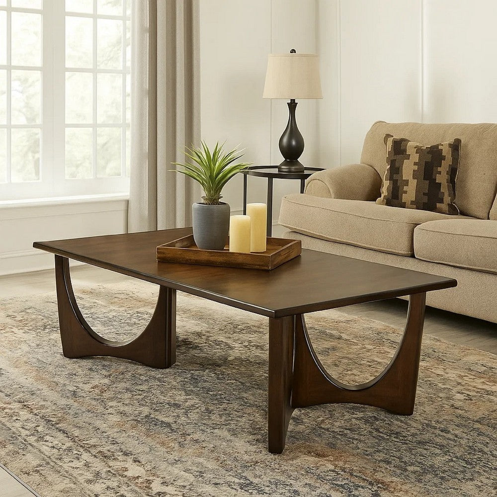 Benjara Natra Coffee Table, 52 Inch Rectangular, Sculpted Solid Wood Dark Brown