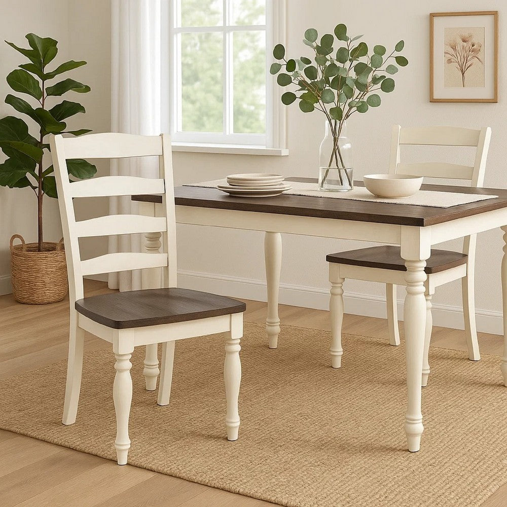Benjara Dean Dining Chair Set of 2, Ladder Back, Dark Brown, White Solid Wood