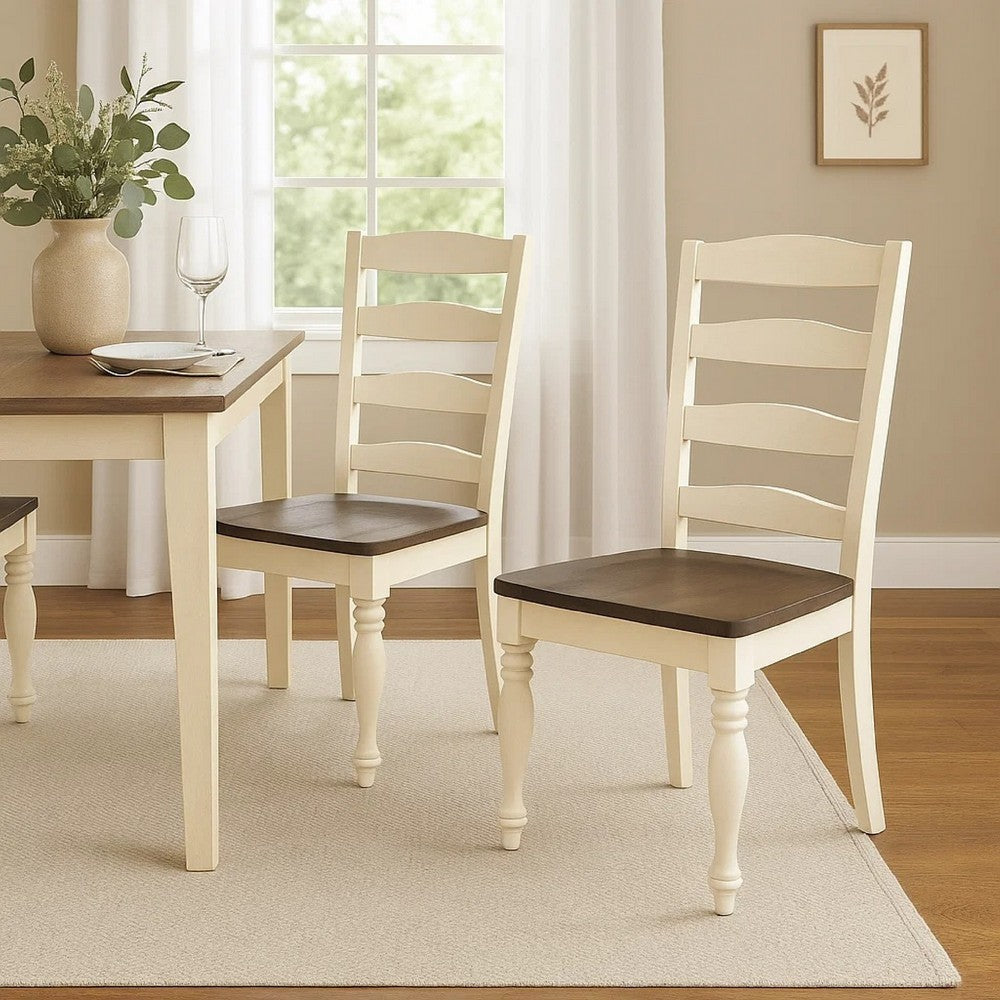 Benjara Dean Dining Chair Set of 2, Ladder Back, Dark Brown, White Solid Wood