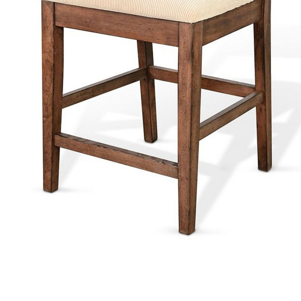 Benjara Giby Counter Height Chair Set of 2, Beige Padded Seat, Solid Wood Brown