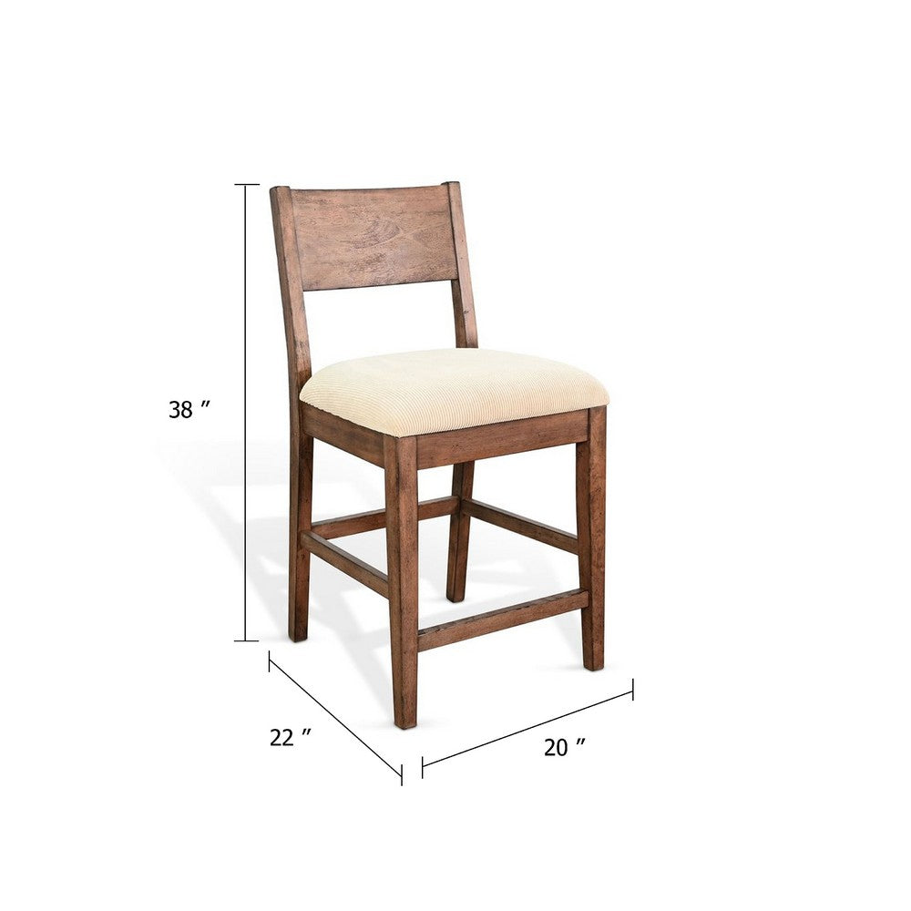 Benjara Giby Counter Height Chair Set of 2, Beige Padded Seat, Solid Wood Brown