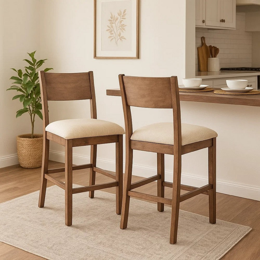 Benjara Giby Counter Height Chair Set of 2, Beige Padded Seat, Solid Wood Brown