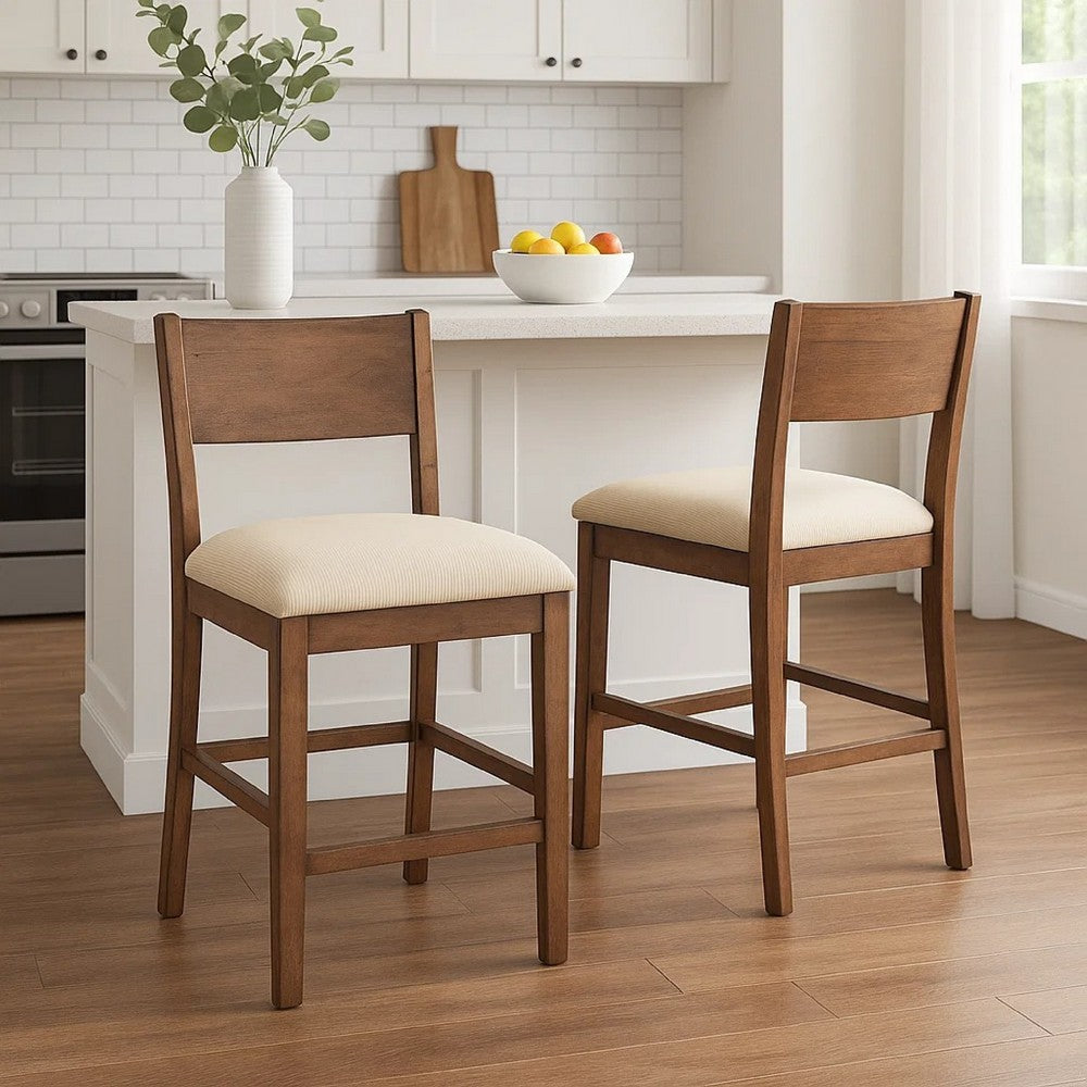Benjara Giby Counter Height Chair Set of 2, Beige Padded Seat, Solid Wood Brown