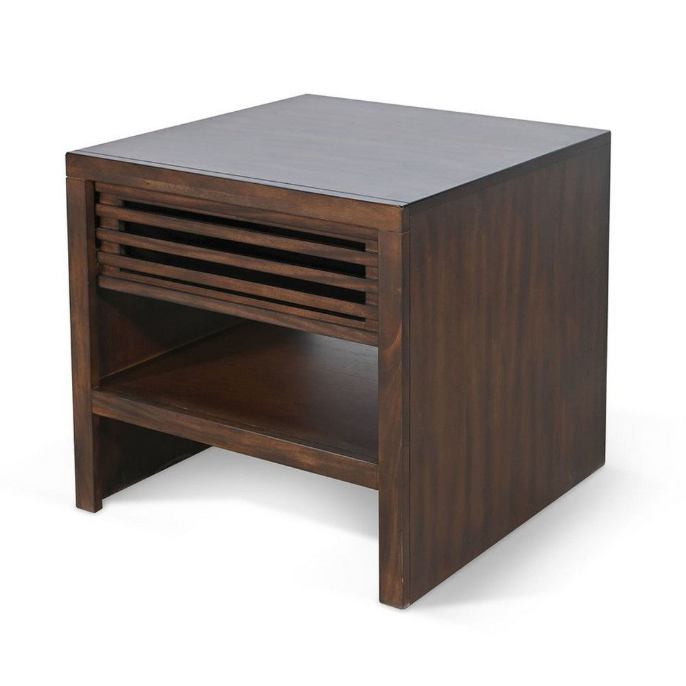 Benjara Nero Side End Table, Slatted Drawer, 26 Inch Solid Wood Dark Brown