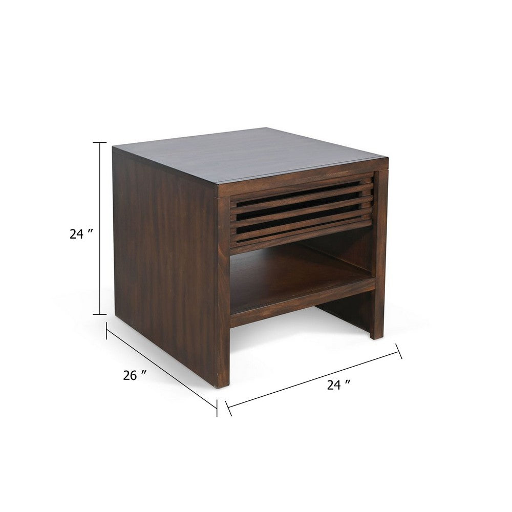 Benjara Nero Side End Table, Slatted Drawer, 26 Inch Solid Wood Dark Brown