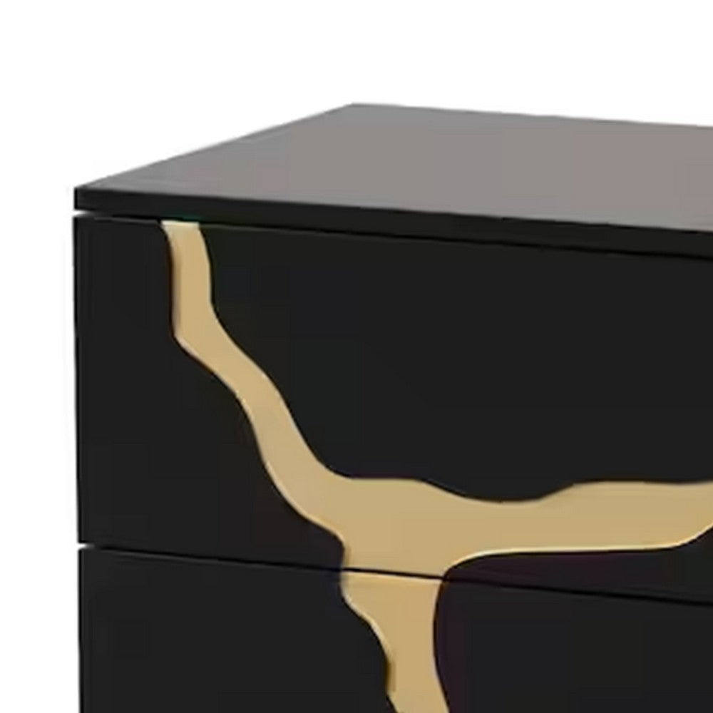 Benjara Goldie Nightstand, 2 Drawers, Gold And Black Solid Wood, 28 Inch