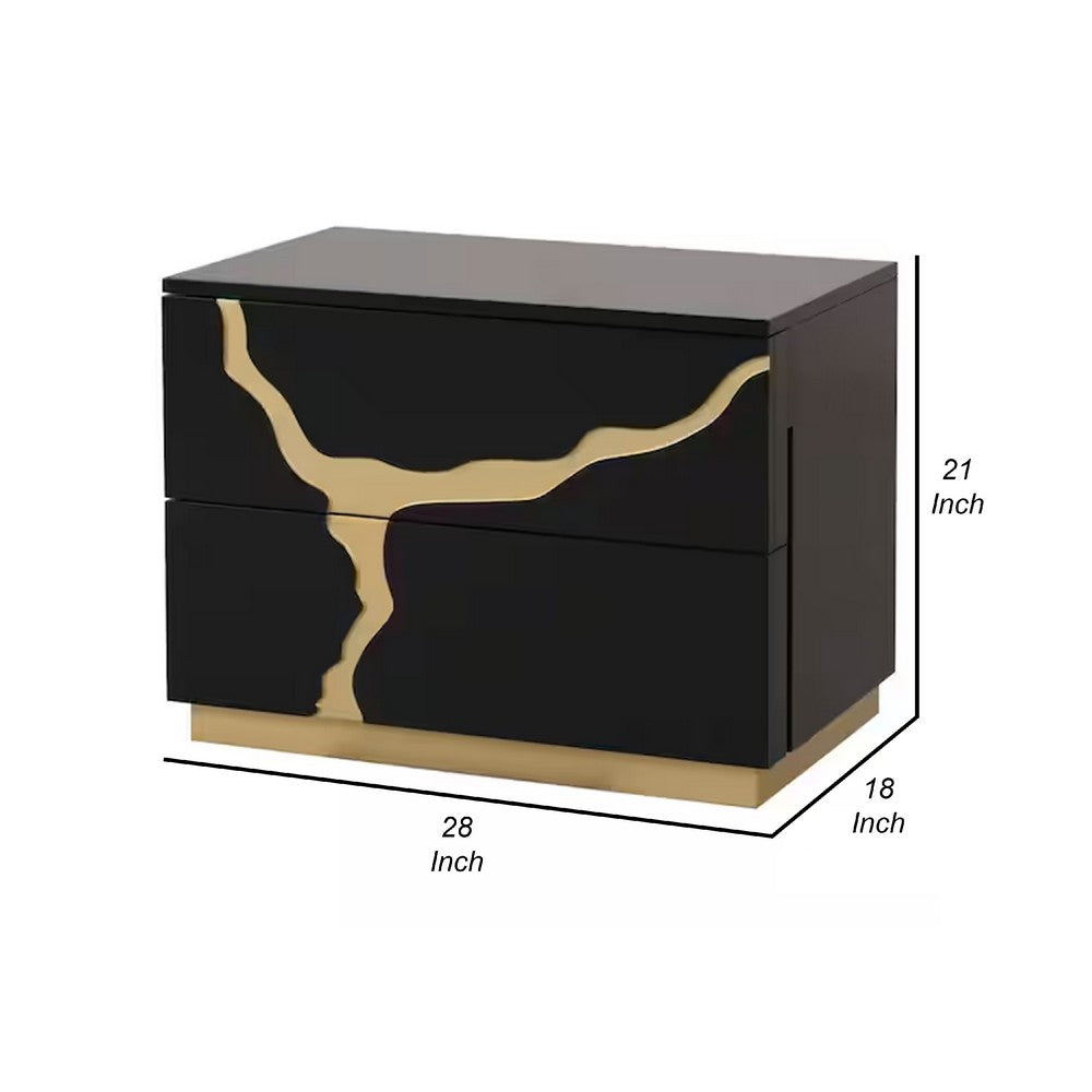 Benjara Goldie Nightstand, 2 Drawers, Gold And Black Solid Wood, 28 Inch
