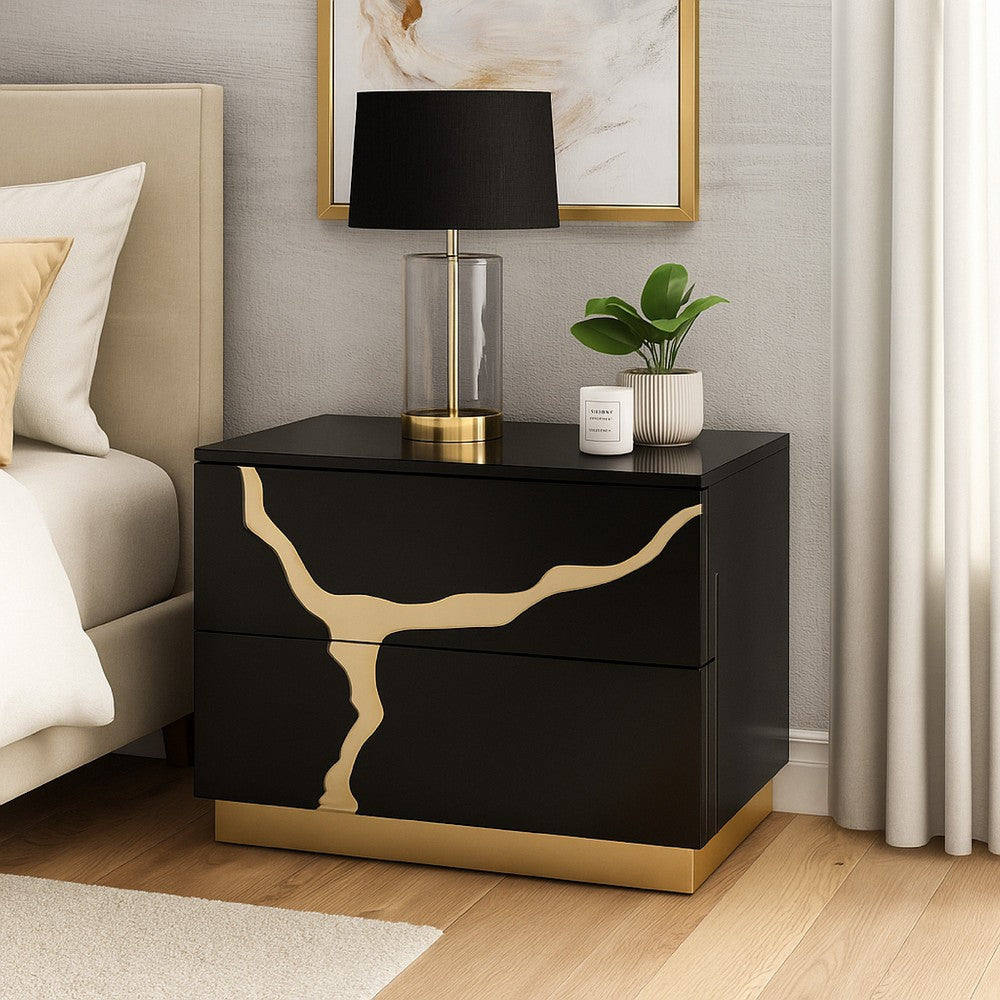 Benjara Goldie Nightstand, 2 Drawers, Gold And Black Solid Wood, 28 Inch