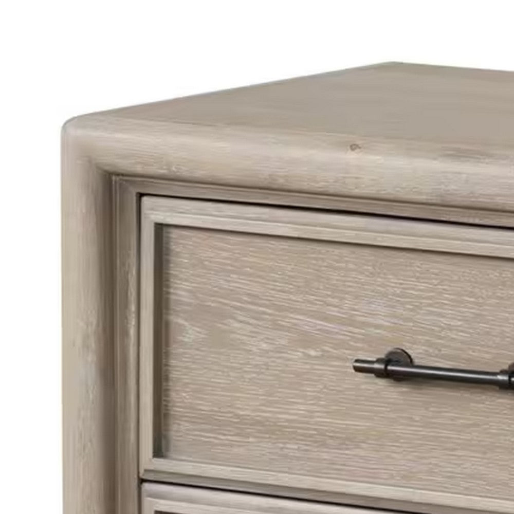 Benjara Myna Nightstand, 2 Drawers, Oak Brown Wood, Metal Handles, 27 Inch