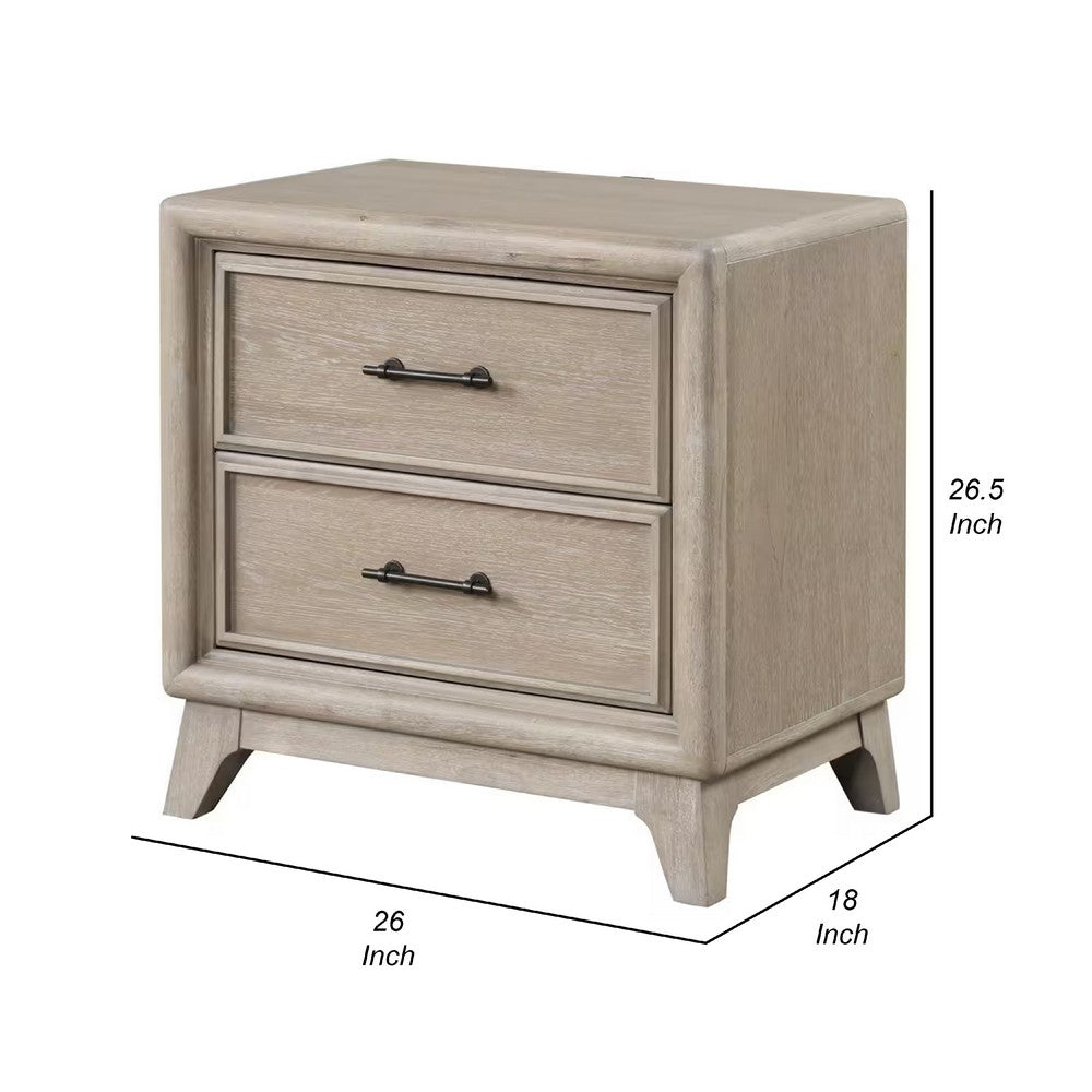 Benjara Myna Nightstand, 2 Drawers, Oak Brown Wood, Metal Handles, 27 Inch