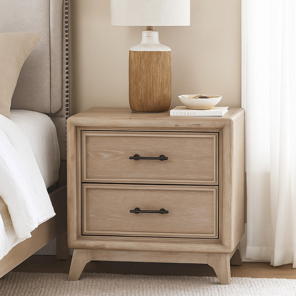 Benjara Myna Nightstand, 2 Drawers, Oak Brown Wood, Metal Handles, 27 Inch