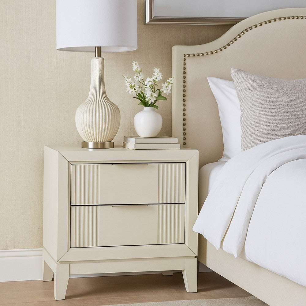 Benjara Toi Nightstand, 2 Drawers, Antique White Finished Solid Wood, 27 Inch
