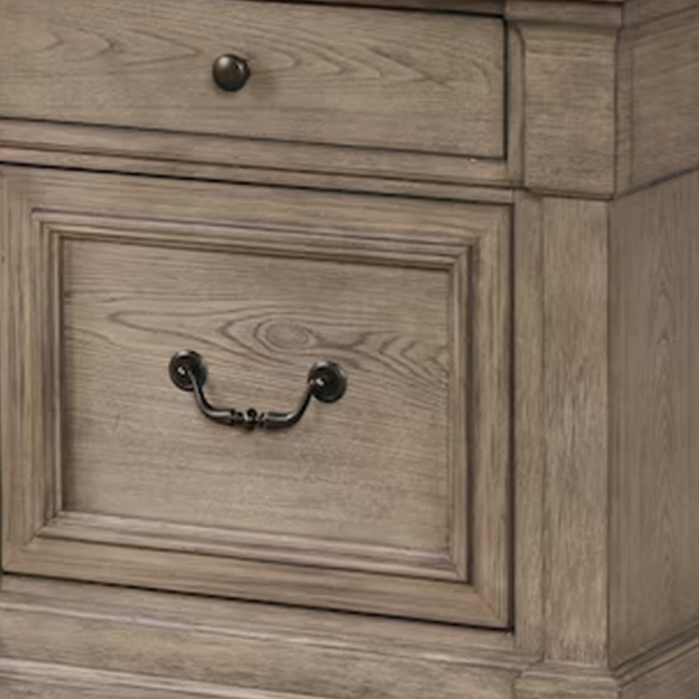 Benjara Roi Nightstand, 2 Drawers, Weathered Gray Solid Wood, 28 Inch