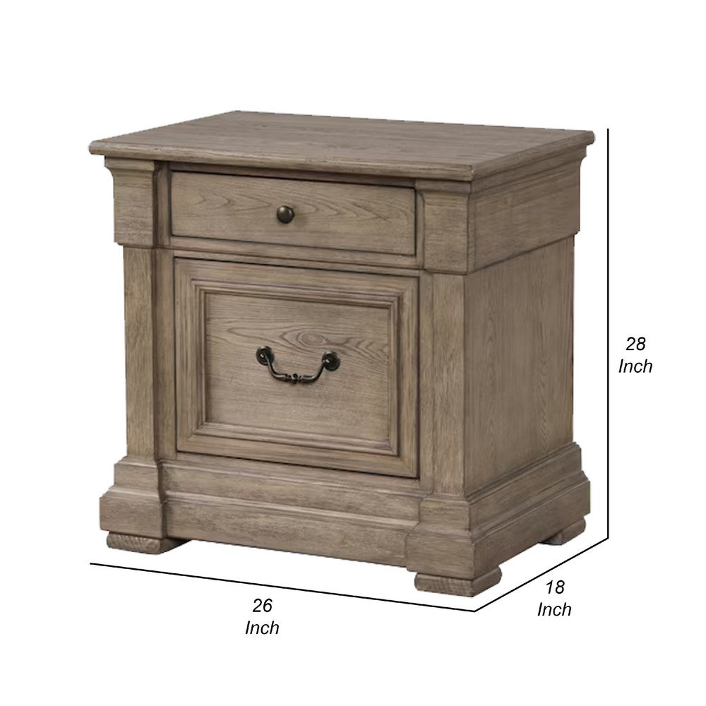 Benjara Roi Nightstand, 2 Drawers, Weathered Gray Solid Wood, 28 Inch