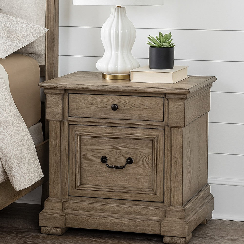 Benjara Roi Nightstand, 2 Drawers, Weathered Gray Solid Wood, 28 Inch