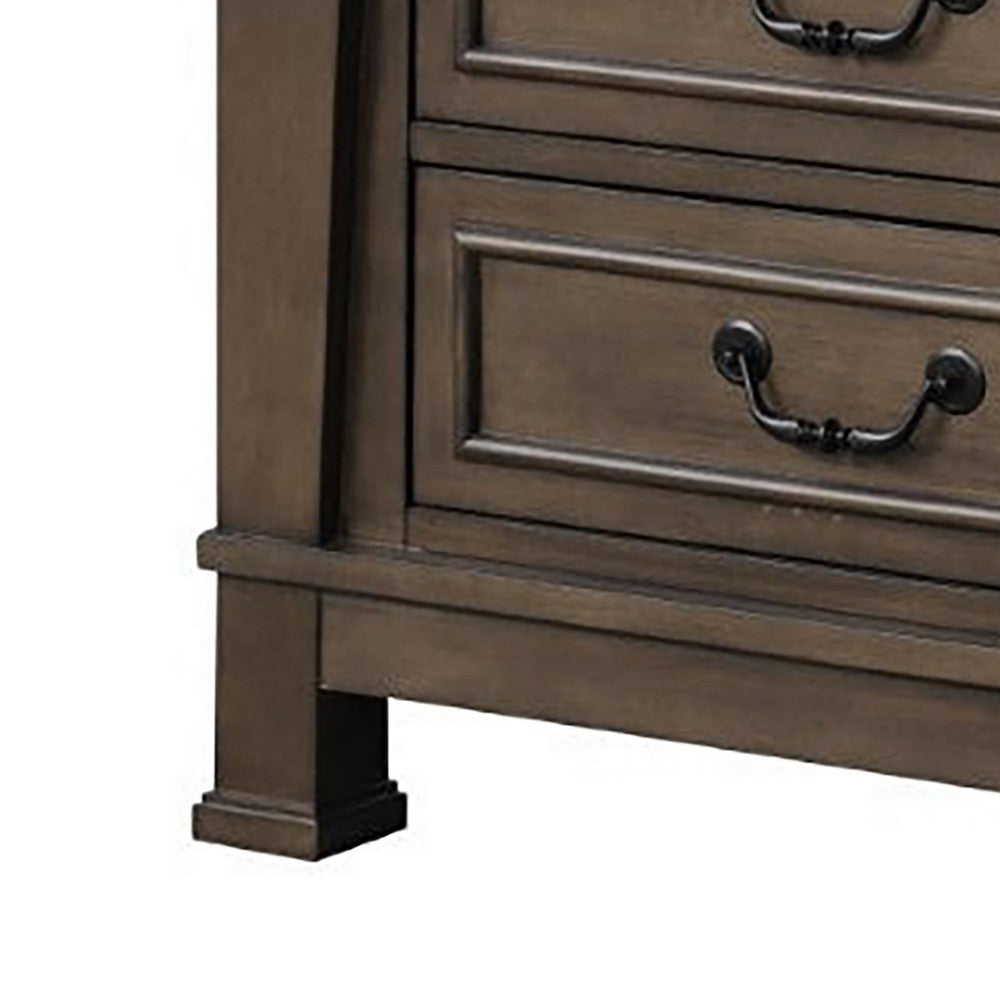 Benjara Huder Nightstand, 3 Drawers, Dark Walnut Brown Wood, Black Metal, 29 Inch