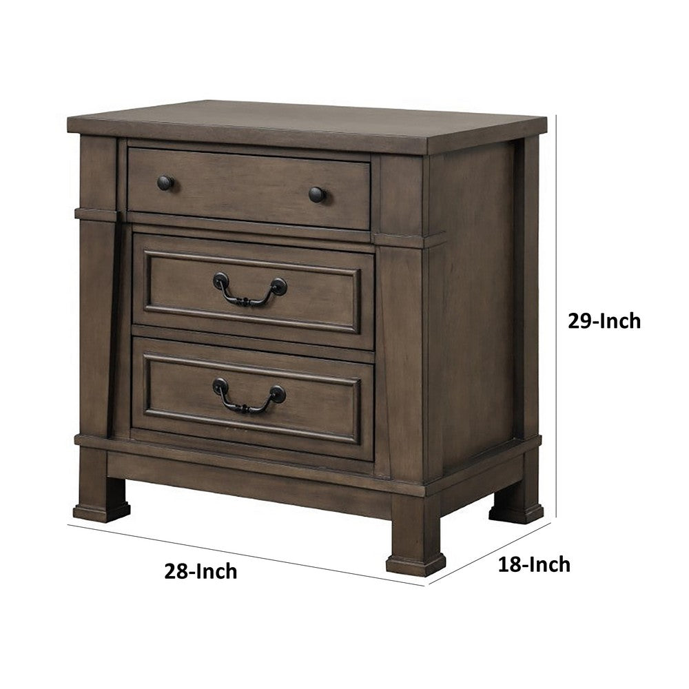 Benjara Huder Nightstand, 3 Drawers, Dark Walnut Brown Wood, Black Metal, 29 Inch