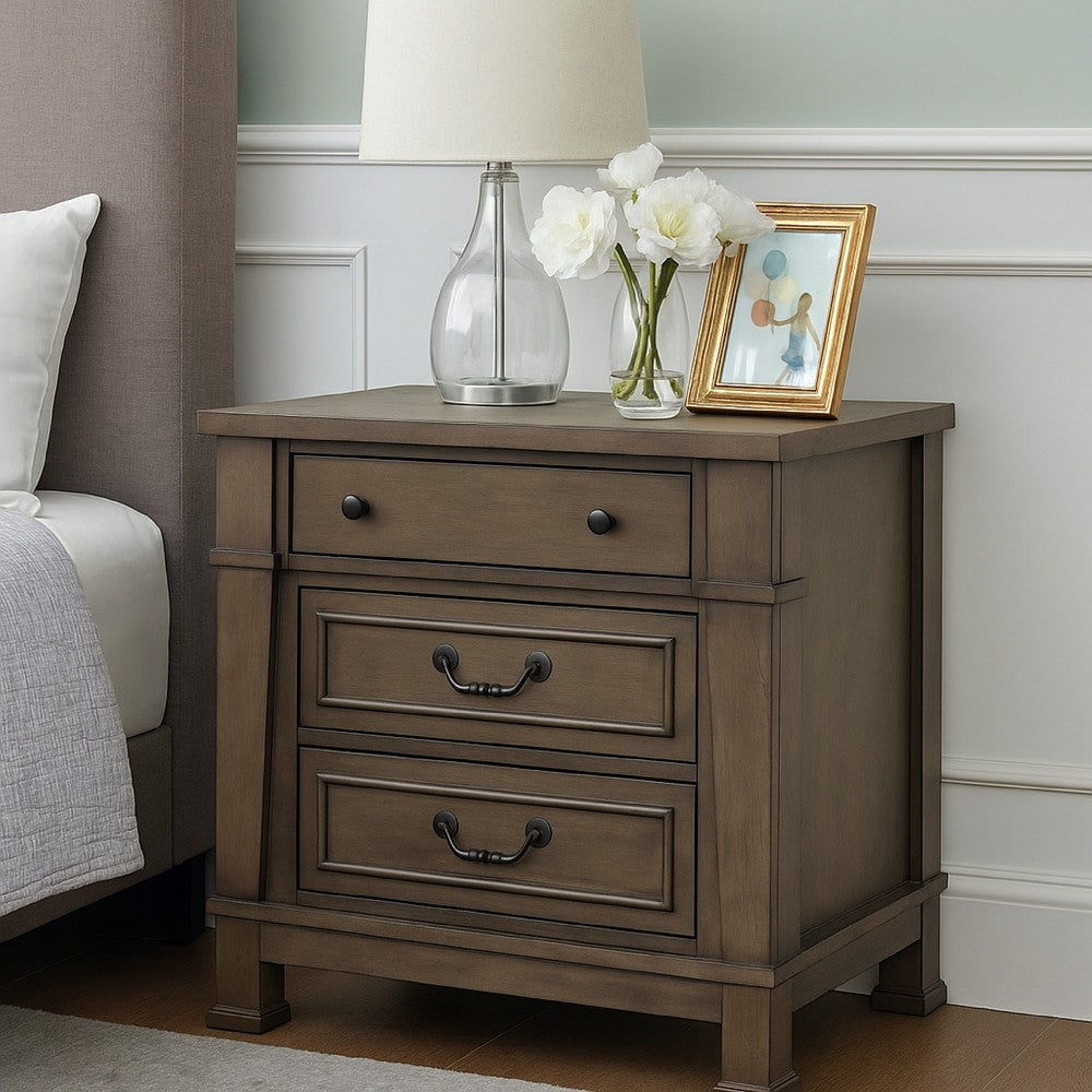 Benjara Huder Nightstand, 3 Drawers, Dark Walnut Brown Wood, Black Metal, 29 Inch