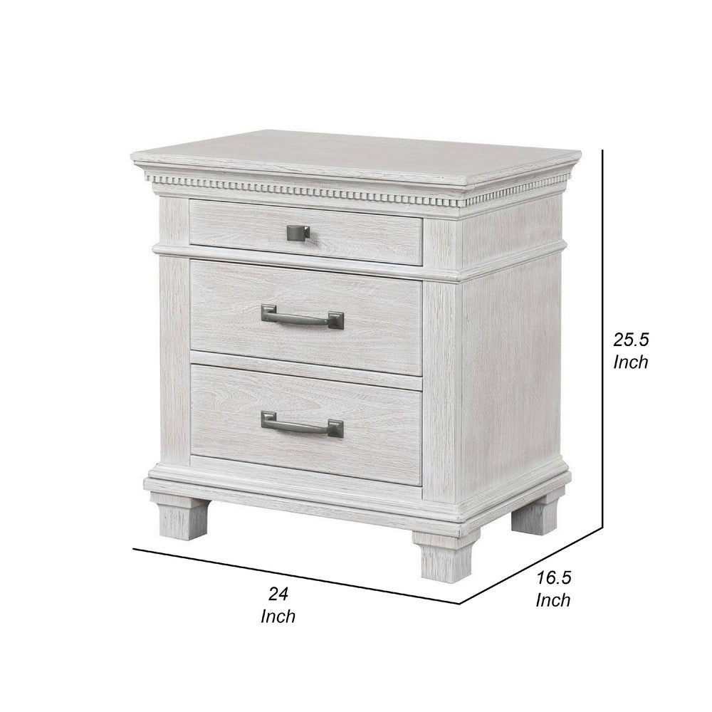 Benjara Leyne Nightstand, 3 Drawers, Farmhouse Weathered Gray Solid Wood, 26 Inch