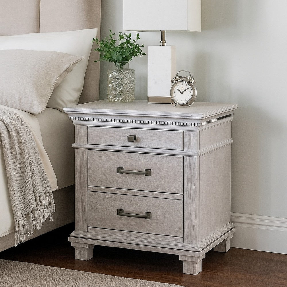 Benjara Leyne Nightstand, 3 Drawers, Farmhouse Weathered Gray Solid Wood, 26 Inch