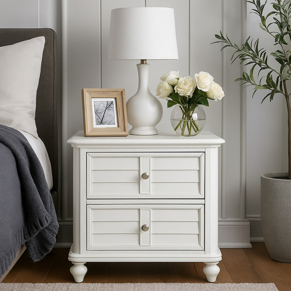 Benjara Kyna Nightstand, 2 Drawers, Classic Antique White Solid Wood, 28 Inch