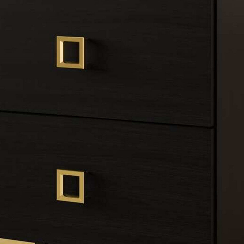 Benjara Lati Nightstand, 2 Drawers, Black Wood, Gold Metal, 24 Inch