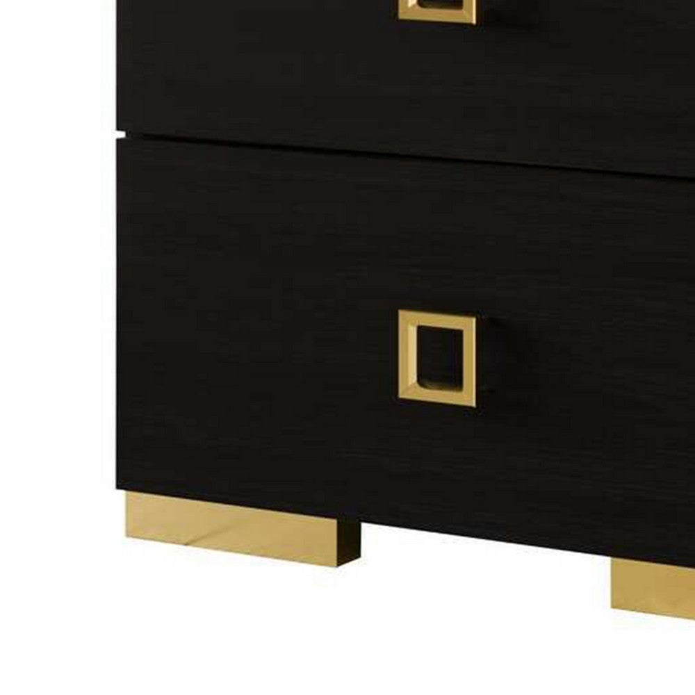 Benjara Lati Nightstand, 2 Drawers, Black Wood, Gold Metal, 24 Inch