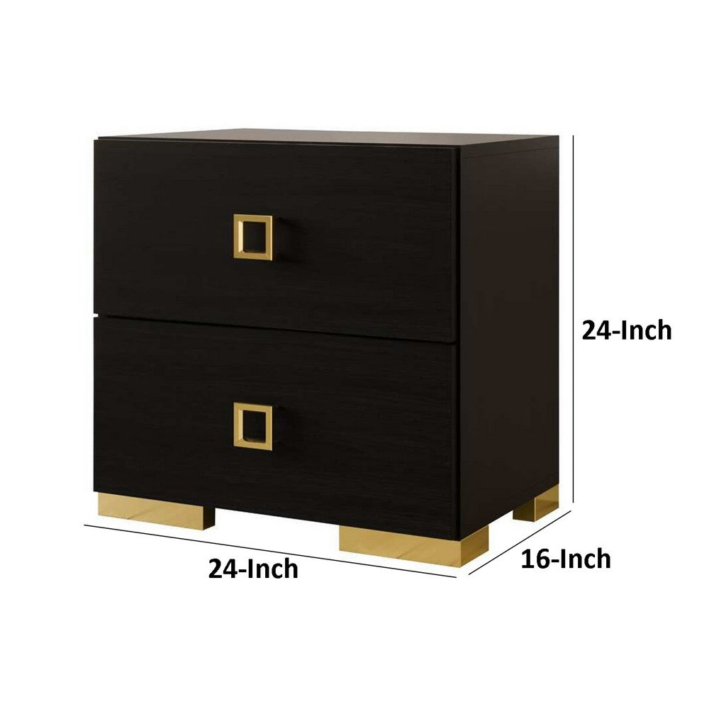 Benjara Lati Nightstand, 2 Drawers, Black Wood, Gold Metal, 24 Inch