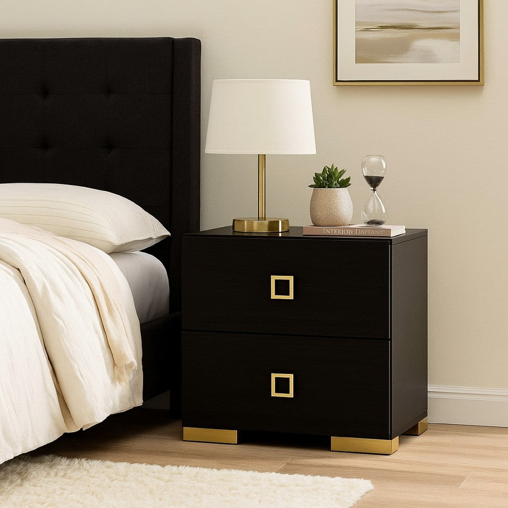 Benjara Lati Nightstand, 2 Drawers, Black Wood, Gold Metal, 24 Inch