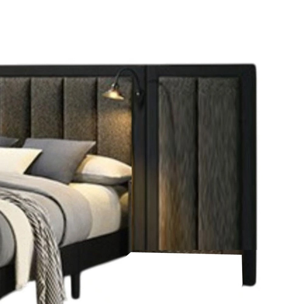 Benjara Fel Queen Size Bed, Dark Brown Wood Frame, Upholstered Headboard