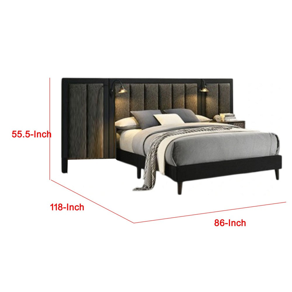 Benjara Fel Queen Size Bed, Dark Brown Wood Frame, Upholstered Headboard
