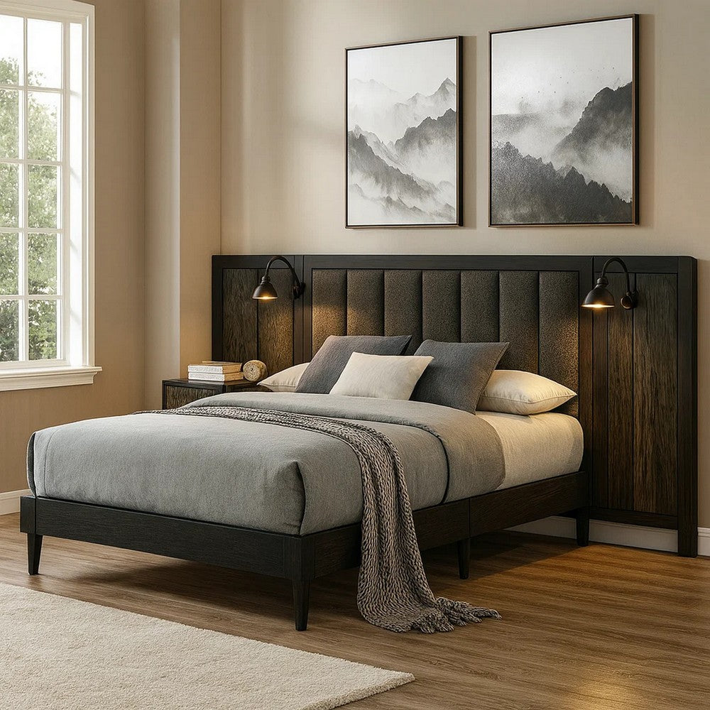 Benjara Fel Queen Size Bed, Dark Brown Wood Frame, Upholstered Headboard