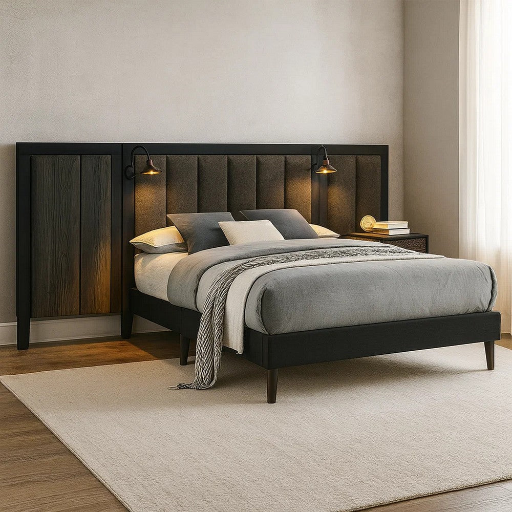 Benjara Fel Queen Size Bed, Dark Brown Wood Frame, Upholstered Headboard