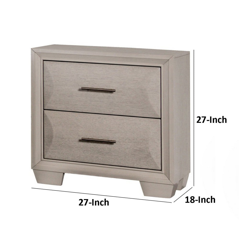 Benjara Nitz Nightstand, 2 Drawers, White Solid Wood, Metal Handles, 27 Inch