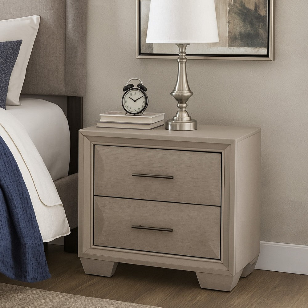 Benjara Nitz Nightstand, 2 Drawers, White Solid Wood, Metal Handles, 27 Inch