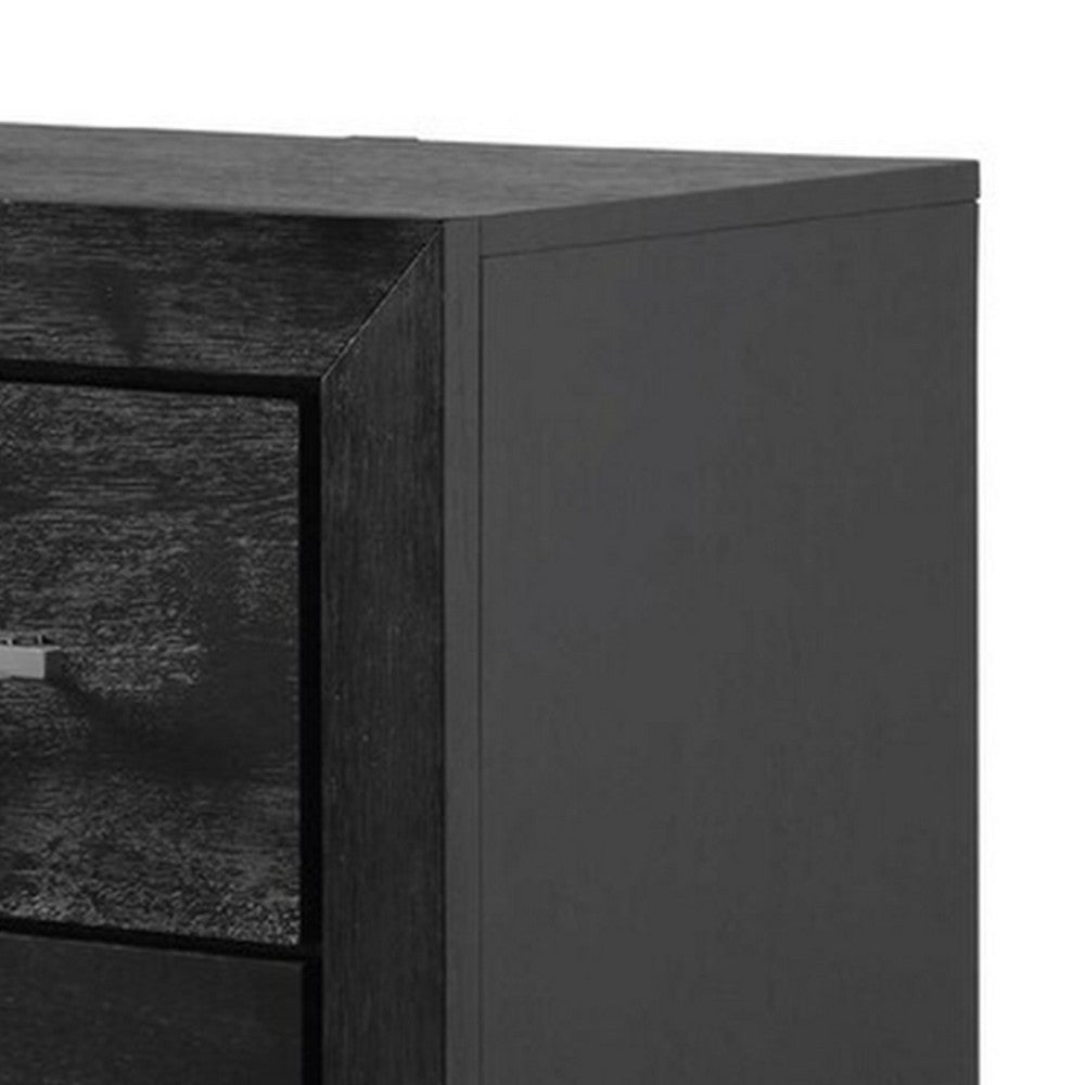 Benjara Ashen Nightstand w USB, 2 Drawers, Black Solid Wood, Chrome Metal, 26 Inch