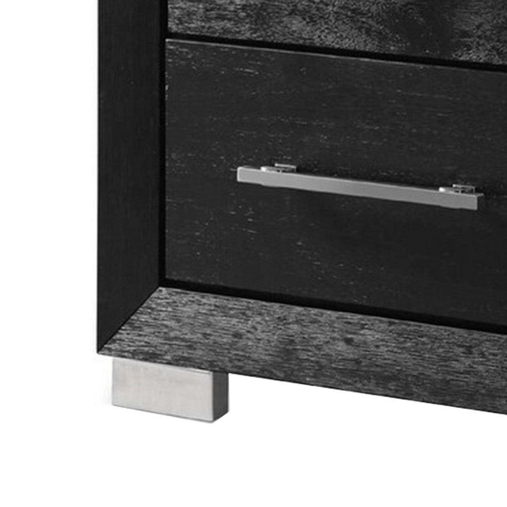 Benjara Ashen Nightstand w USB, 2 Drawers, Black Solid Wood, Chrome Metal, 26 Inch