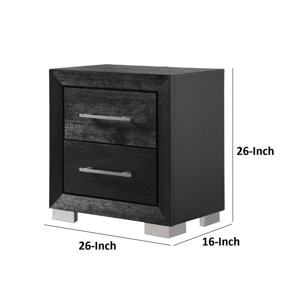 Benjara Ashen Nightstand w USB, 2 Drawers, Black Solid Wood, Chrome Metal, 26 Inch