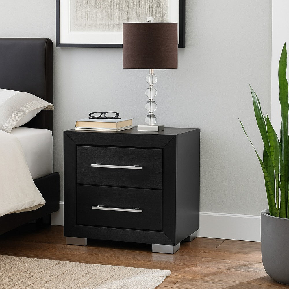 Benjara Ashen Nightstand w USB, 2 Drawers, Black Solid Wood, Chrome Metal, 26 Inch