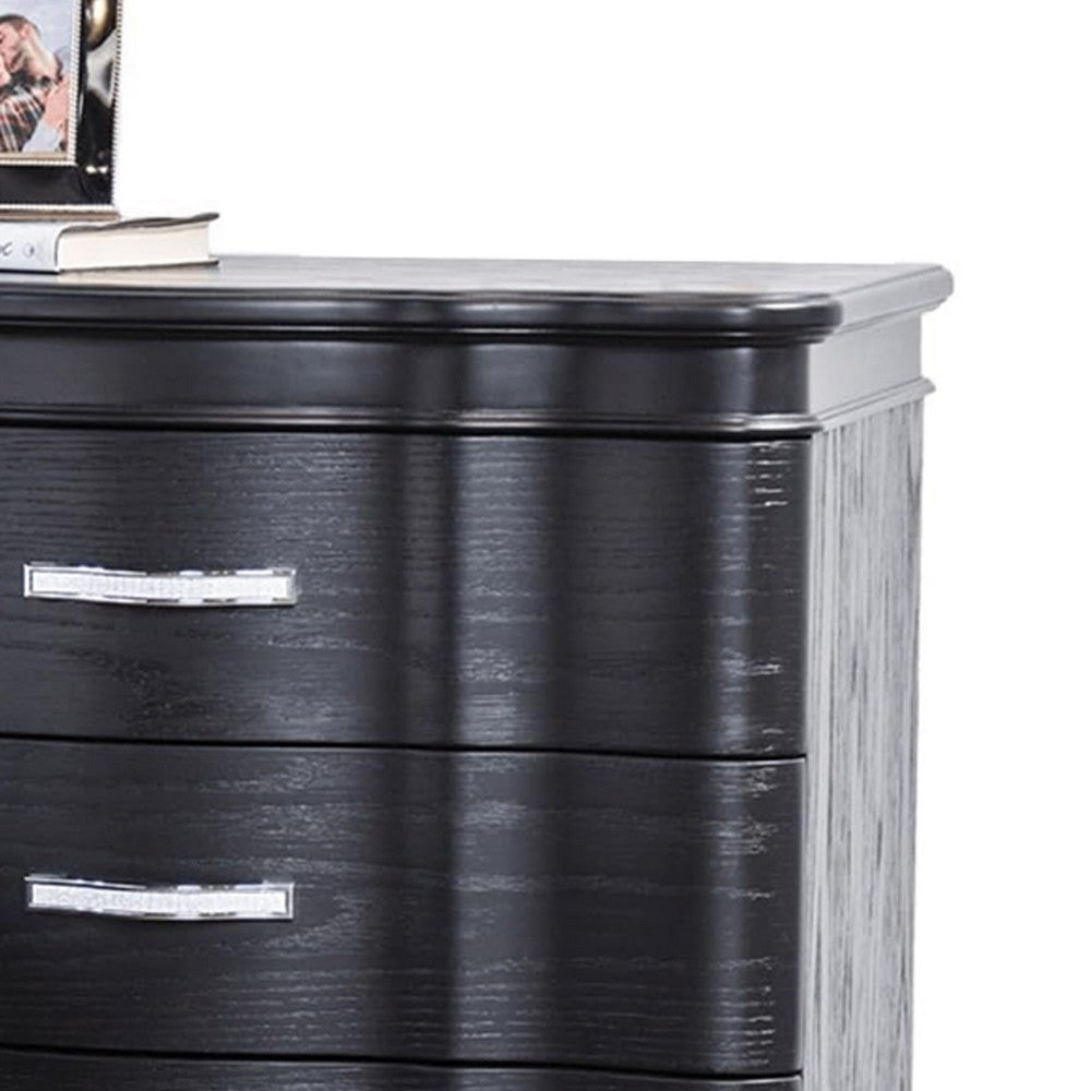 Benjara Eleena Nightstand, 3 Drawers, Black Solid Wood, Metal Handles, 28 Inch