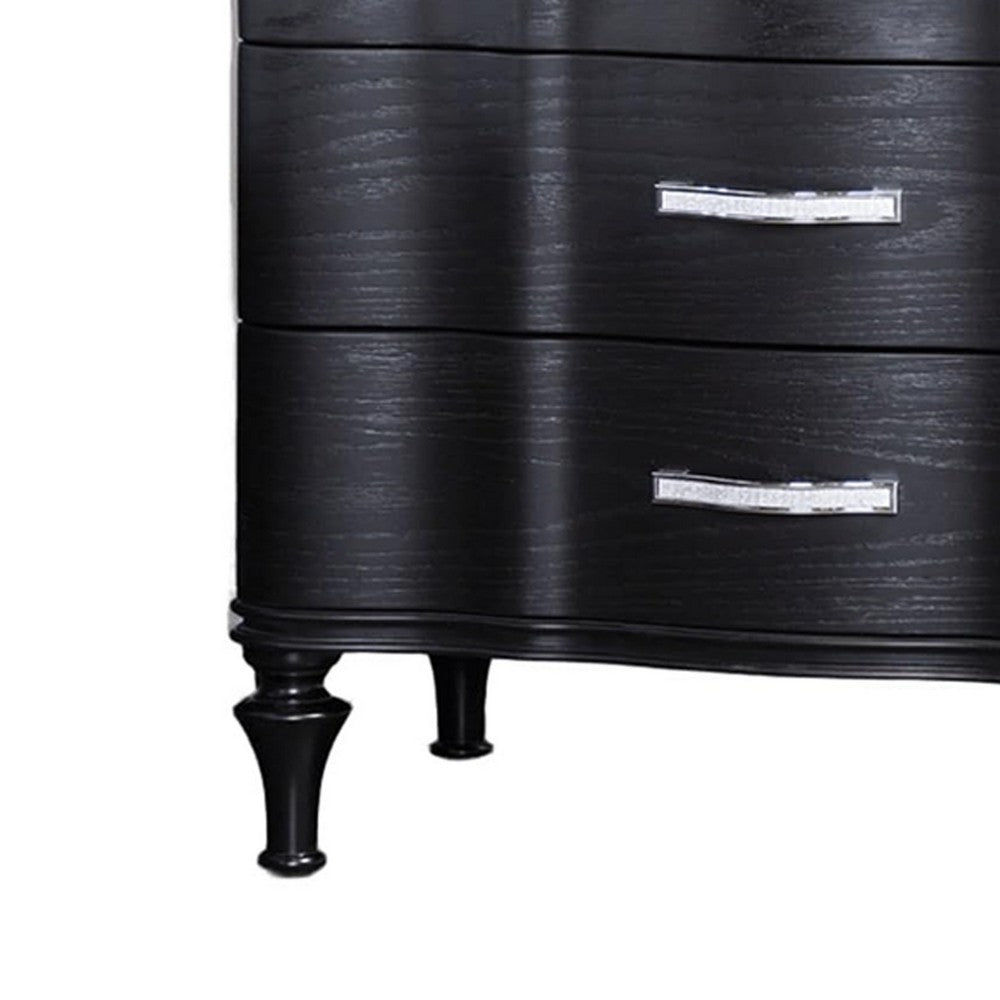 Benjara Eleena Nightstand, 3 Drawers, Black Solid Wood, Metal Handles, 28 Inch