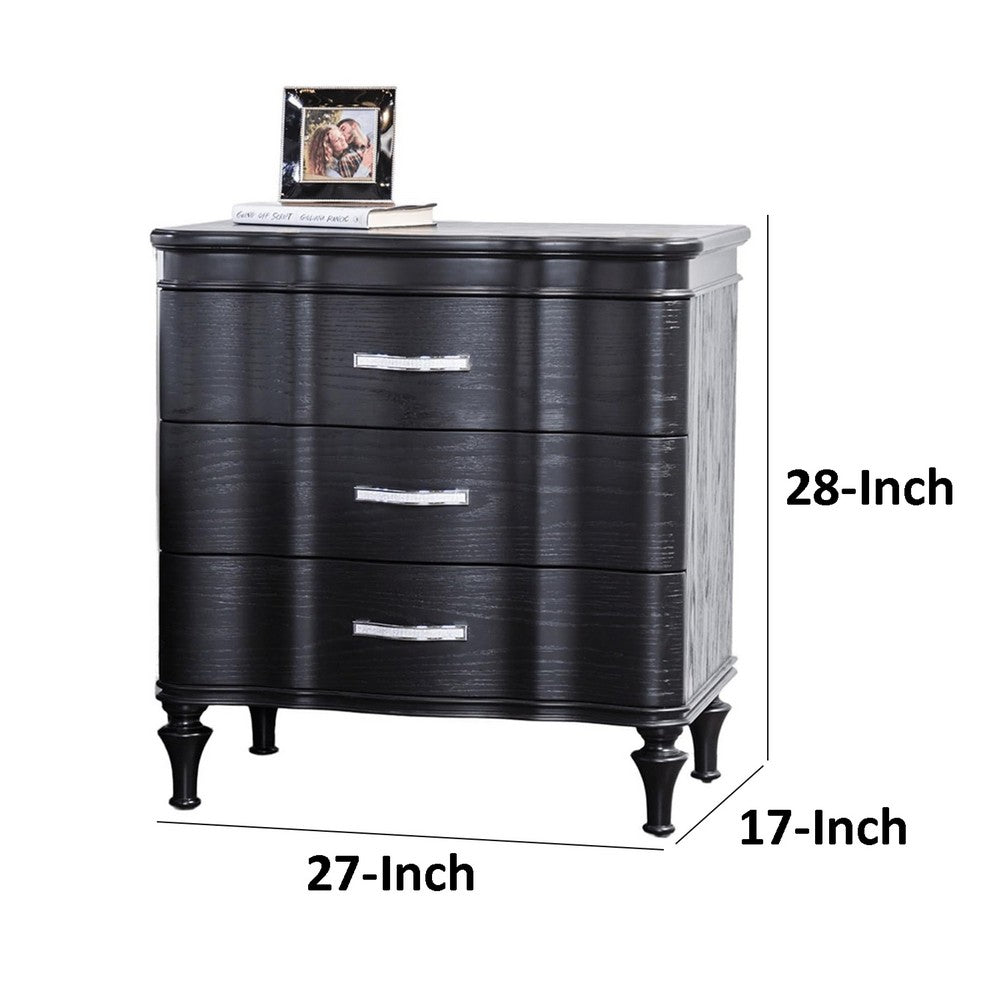 Benjara Eleena Nightstand, 3 Drawers, Black Solid Wood, Metal Handles, 28 Inch