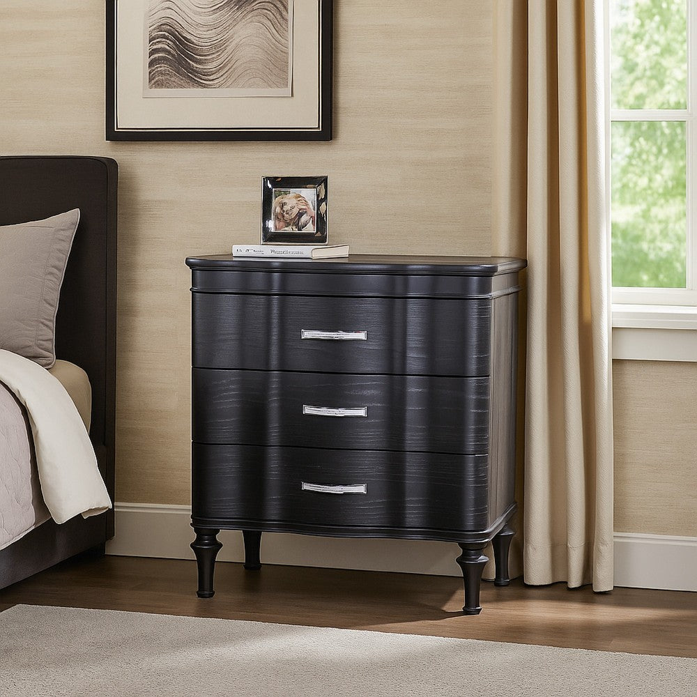 Benjara Eleena Nightstand, 3 Drawers, Black Solid Wood, Metal Handles, 28 Inch