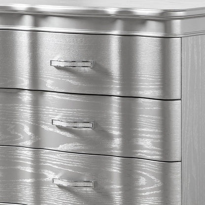 Benjara Eleena Nightstand, 3 Drawers, Silver Solid Wood, Metal Handles 28 Inch