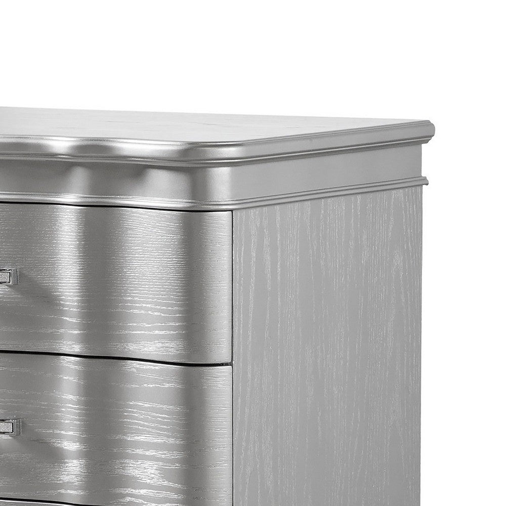 Benjara Eleena Nightstand, 3 Drawers, Silver Solid Wood, Metal Handles 28 Inch