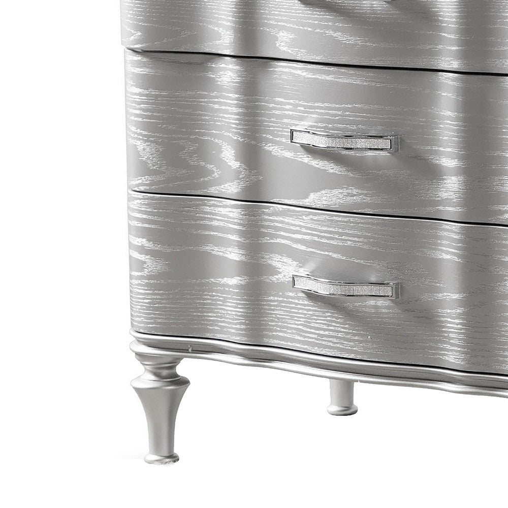 Benjara Eleena Nightstand, 3 Drawers, Silver Solid Wood, Metal Handles 28 Inch