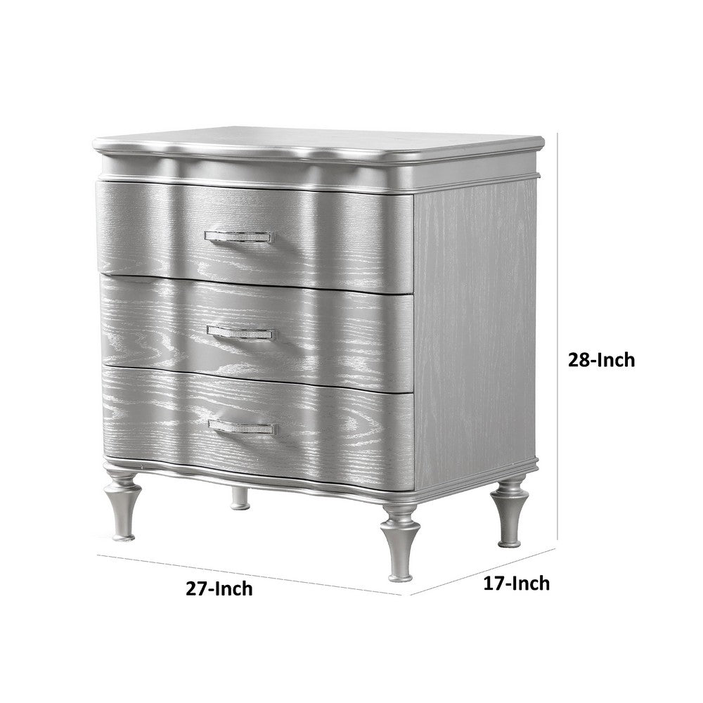 Benjara Eleena Nightstand, 3 Drawers, Silver Solid Wood, Metal Handles 28 Inch