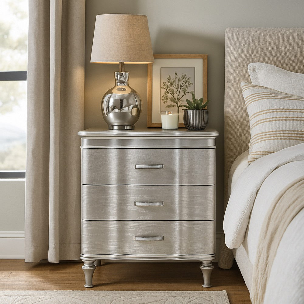 Benjara Eleena Nightstand, 3 Drawers, Silver Solid Wood, Metal Handles 28 Inch